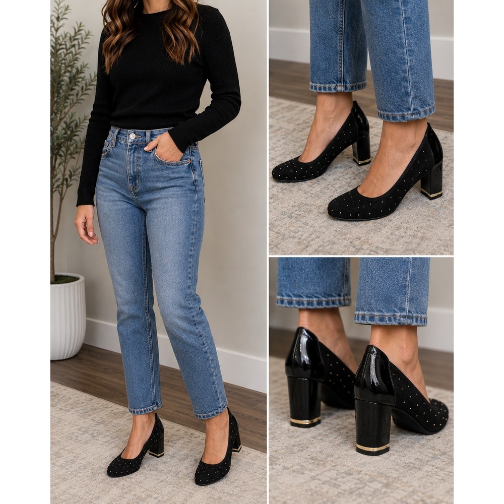 Sabrinas Black Suede Studded Block Heel Pumps Made in Spain Size 41